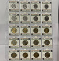 A clear plastic coin protection sheet displaying 25 Indian 5 Rupee coins from 1950, 1974, and 1990, each mounted in an individual protective plastic capsule with a white paper label.