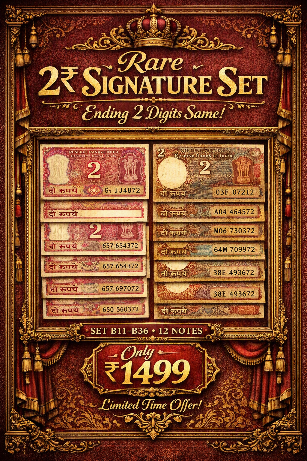 2 Rupees Signature Set (B11-B36) Ending 2 Digits Same