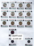 A 15 coin set of AkAM 2026 Indian Rupee coins, displayed in a clear plastic pocket protector page. The coins are graded and encapsulated in clear plastic holders with labels showing denominations from 20 Rupees down to 1 Rupee.